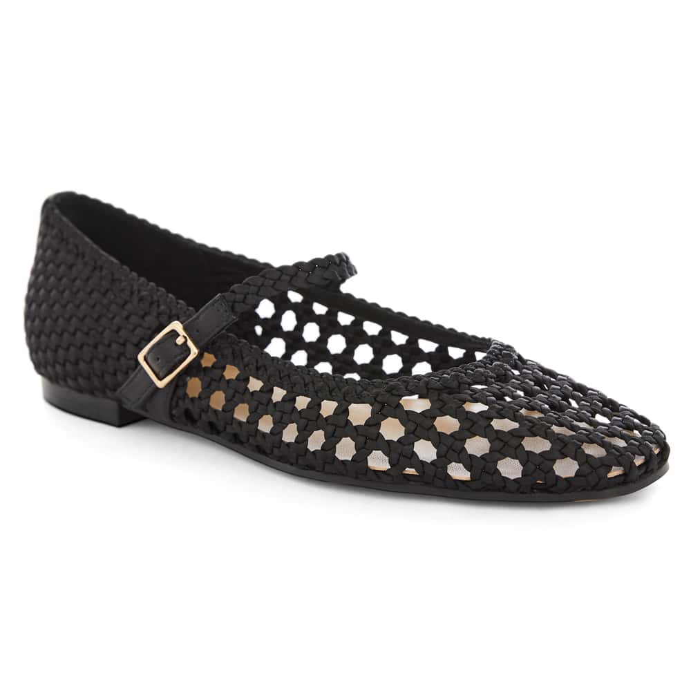 Tully Flat in Black Weave Leather