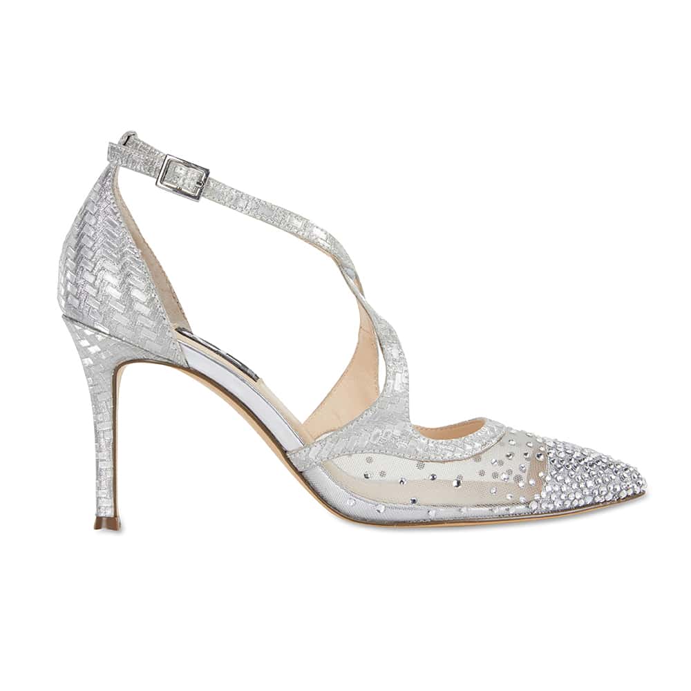 Candid Heel in Silver Glitter Satin