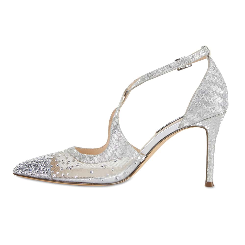 Candid Heel in Silver Glitter Satin