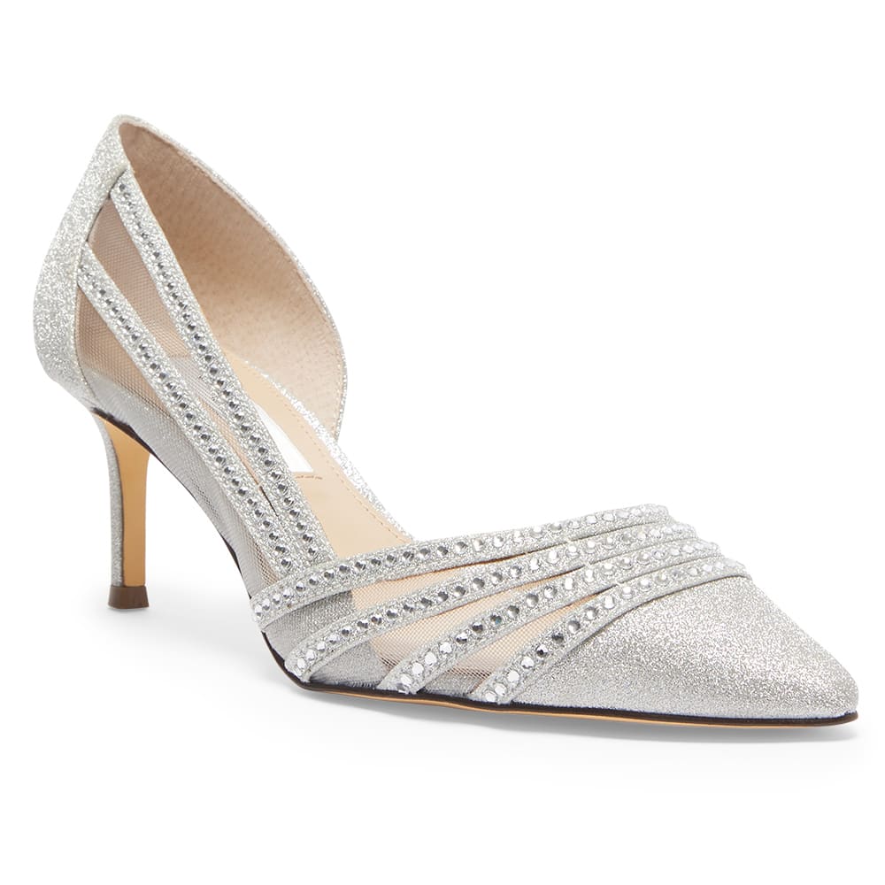 Noreen Heel in Silver Vinyl Glitter Fabric