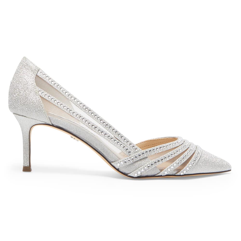 Noreen Heel in Silver Vinyl Glitter Fabric