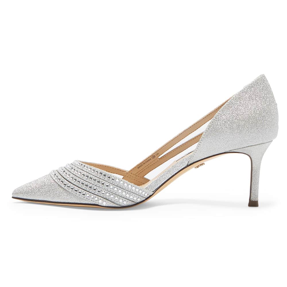 Noreen Heel in Silver Vinyl Glitter Fabric