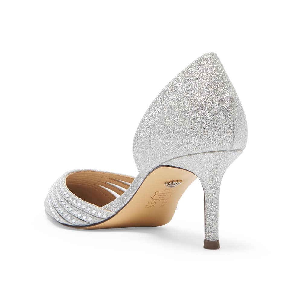 Noreen Heel in Silver Vinyl Glitter Fabric