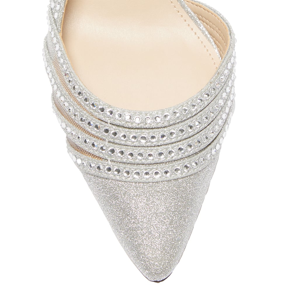 Noreen Heel in Silver Vinyl Glitter Fabric